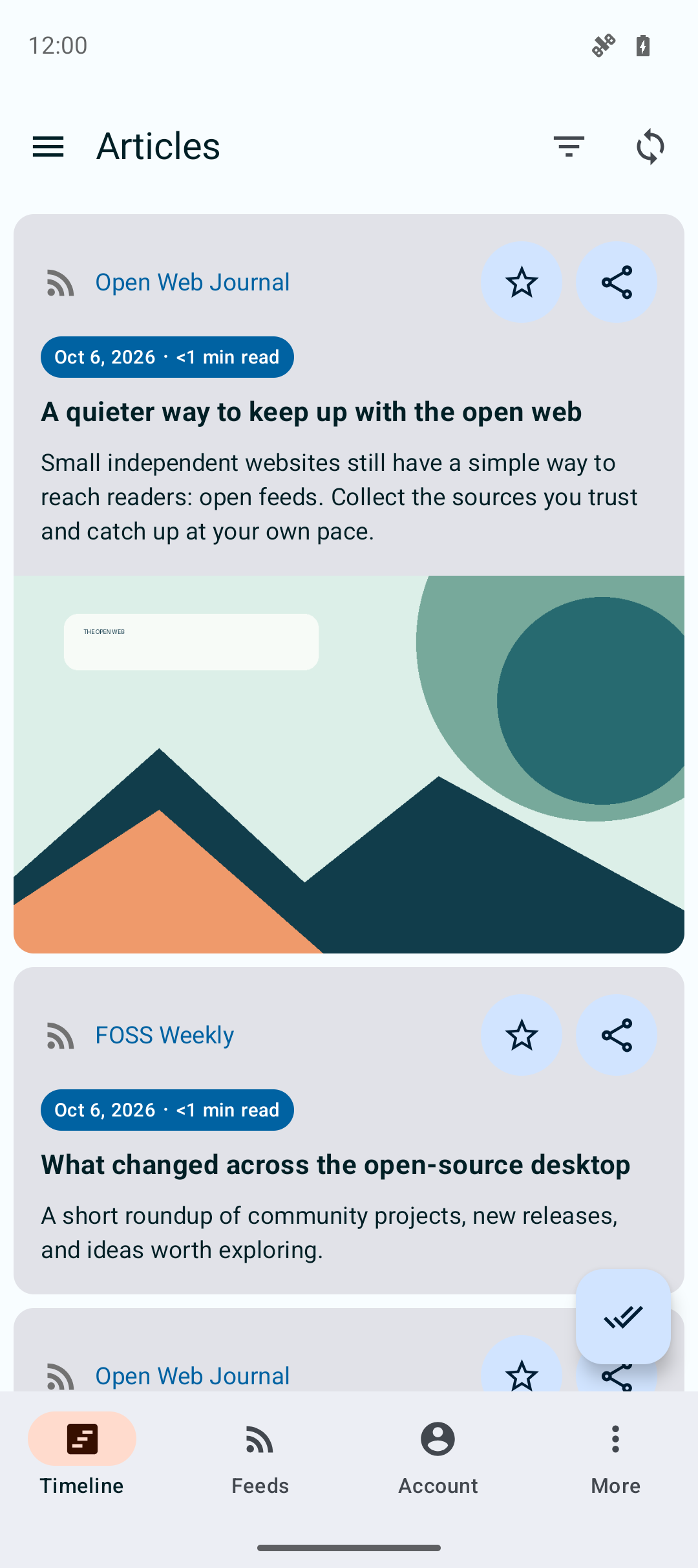 Droidrops timeline with open web and open-source feed articles in the light theme