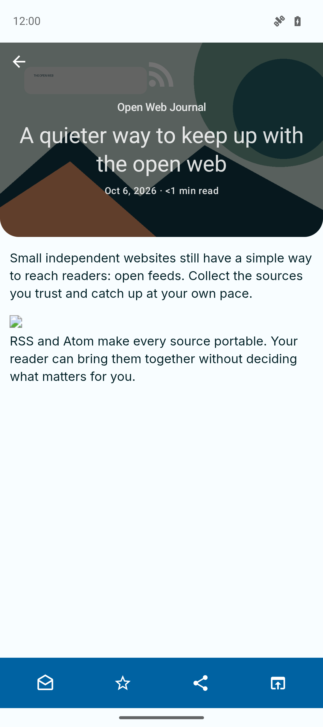 Droidrops article reader with a cover image, title, source, and reading time