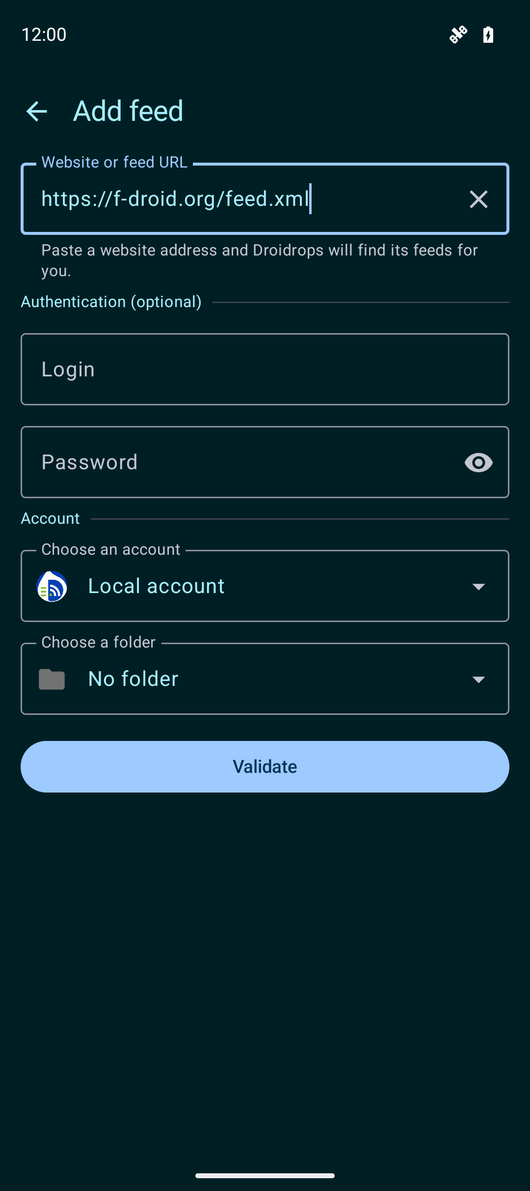Add feed form with the public F-Droid feed URL entered