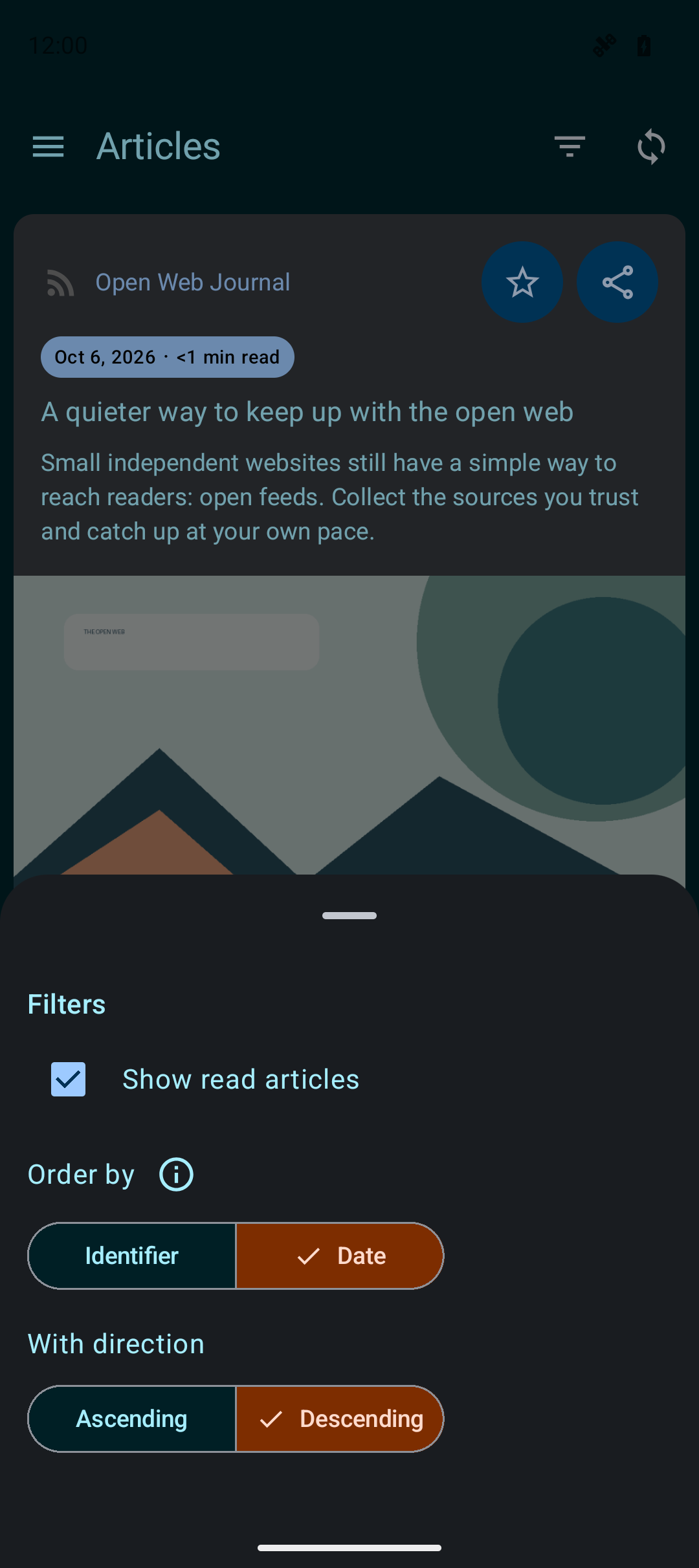 Timeline filters for read state and article order