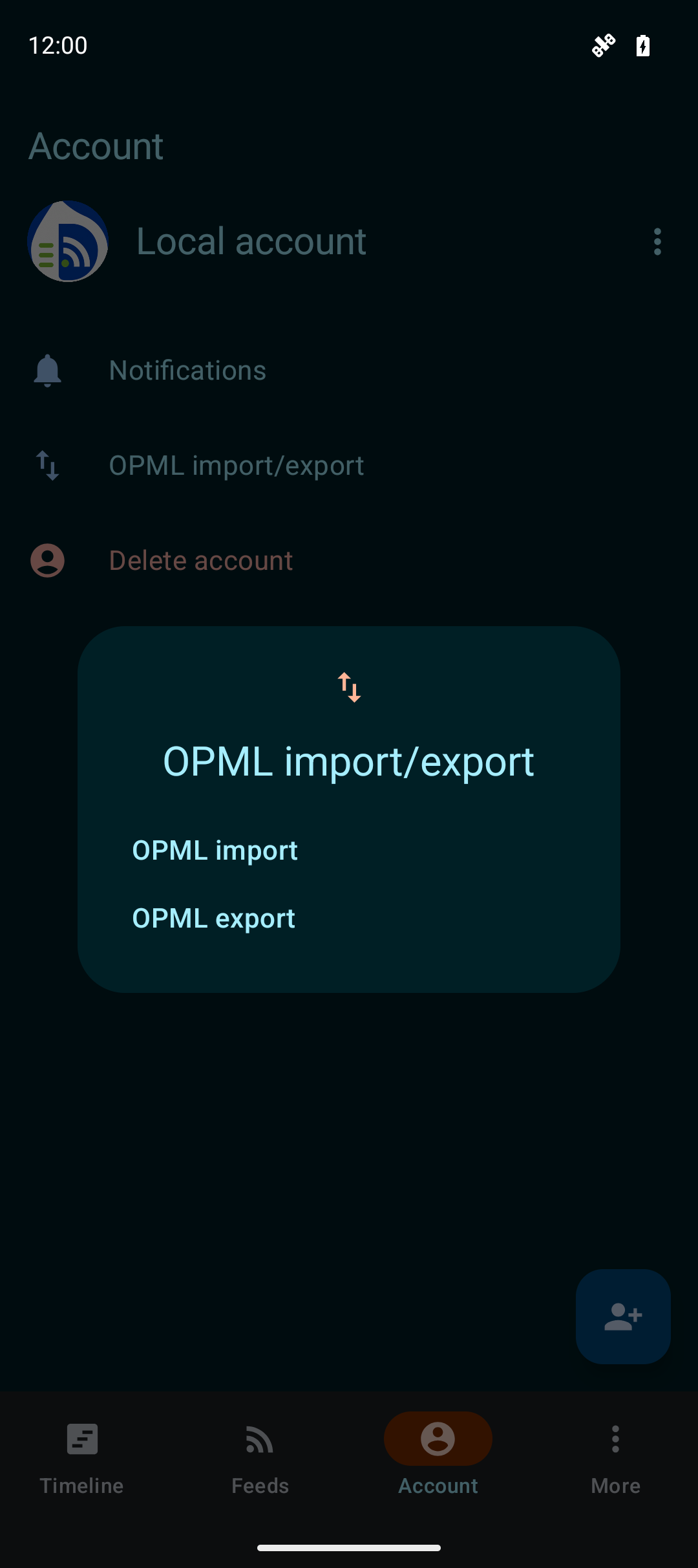 OPML import and export actions in Droidrops